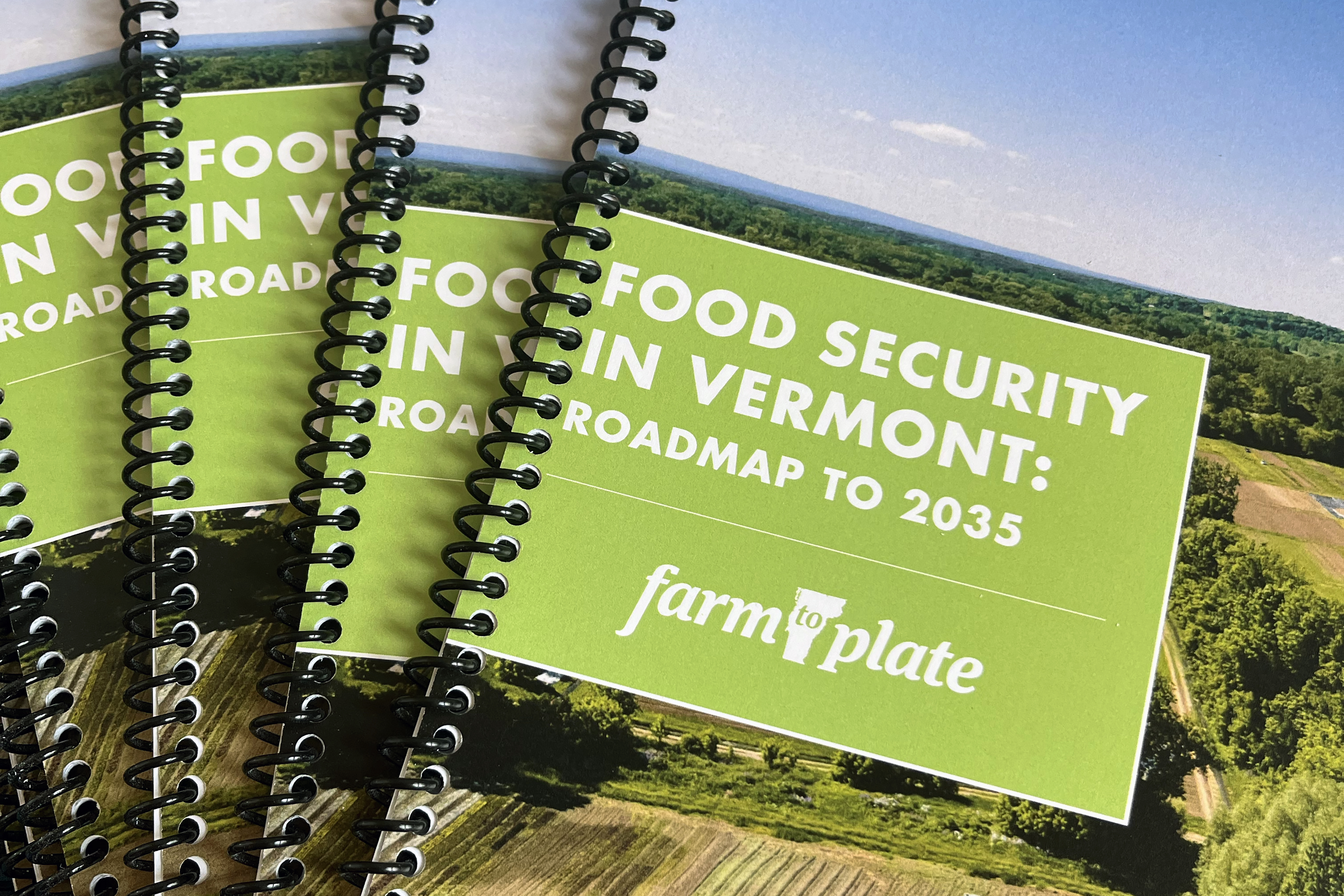 a fanned out stack of printed copies of the Vermont Food Security Roadmap
