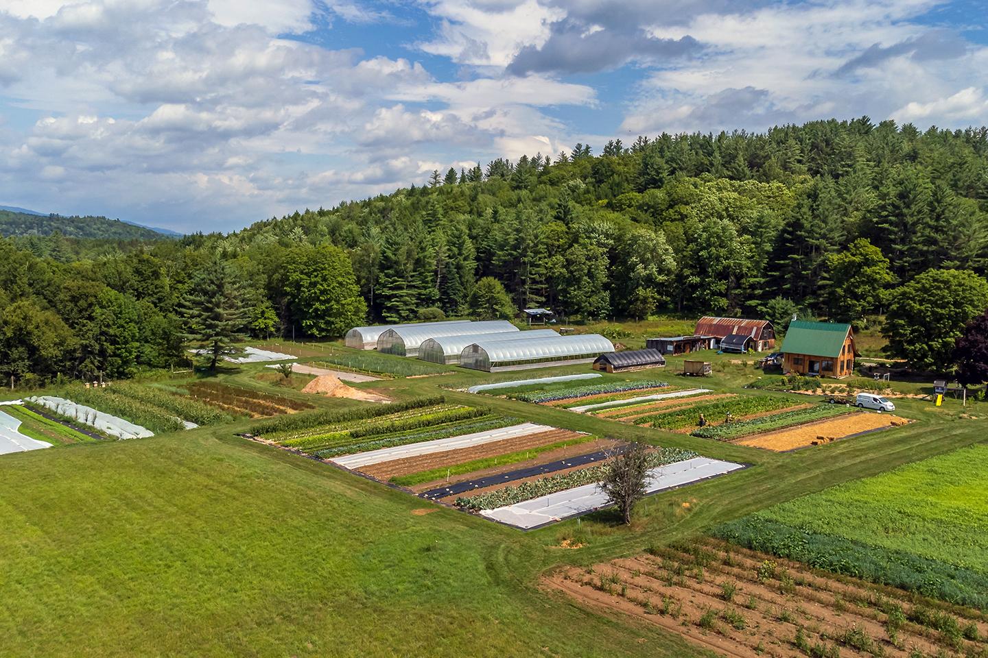 An aerial view of Ananda Gardens farm fields