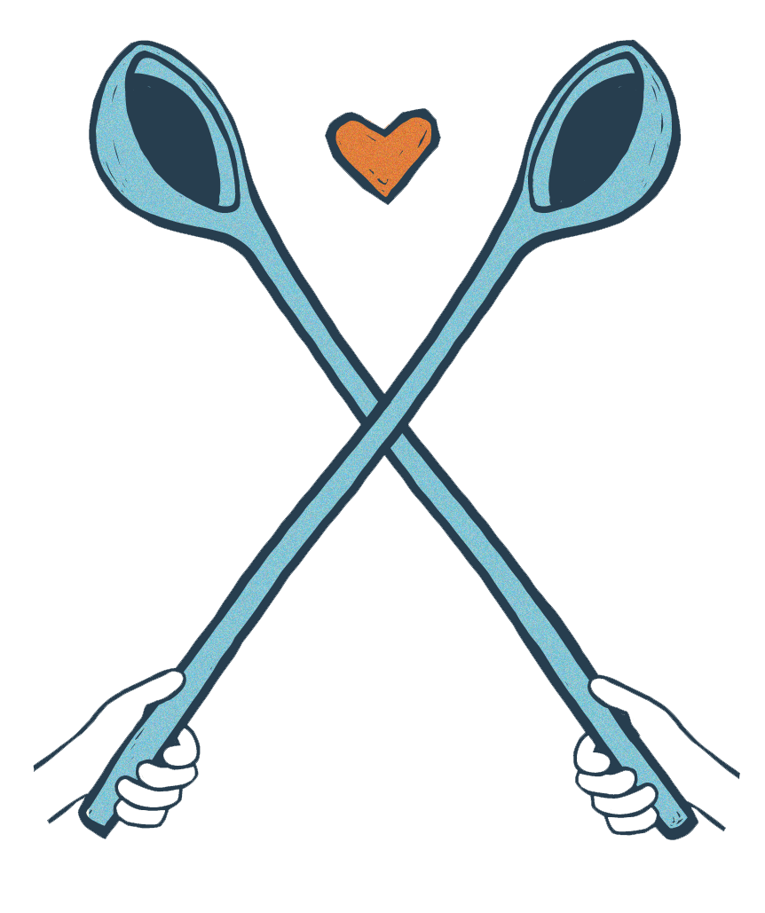 Drawing of two hands holding long handled spoons with a heart in between them.