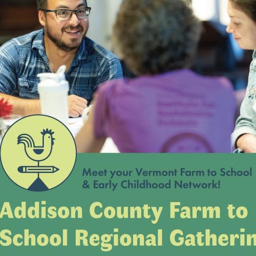 A group of people having a conversation around a table with the Addison County Farm to School logo at the bottom