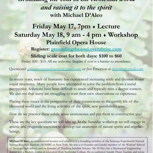 Can we find living relationships within our farms and gardens?  Can we develop a consciousness of the spirit beings behind the physical world we so readily relate to.  Come explore ways we can develop our spiritual perception to deepen our relationship with the life giving forces of our world. 