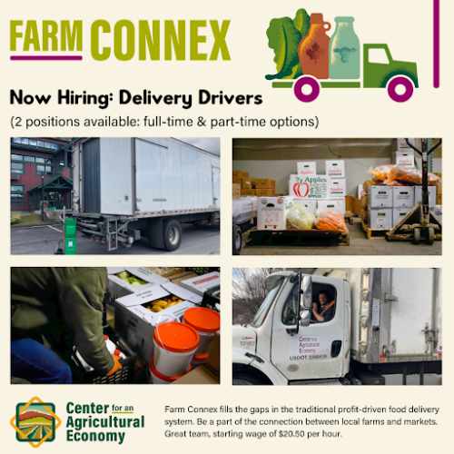 Text reads Now Hiring Farm Connex Delivery Drivers with photos of small trucks and pallets of food products