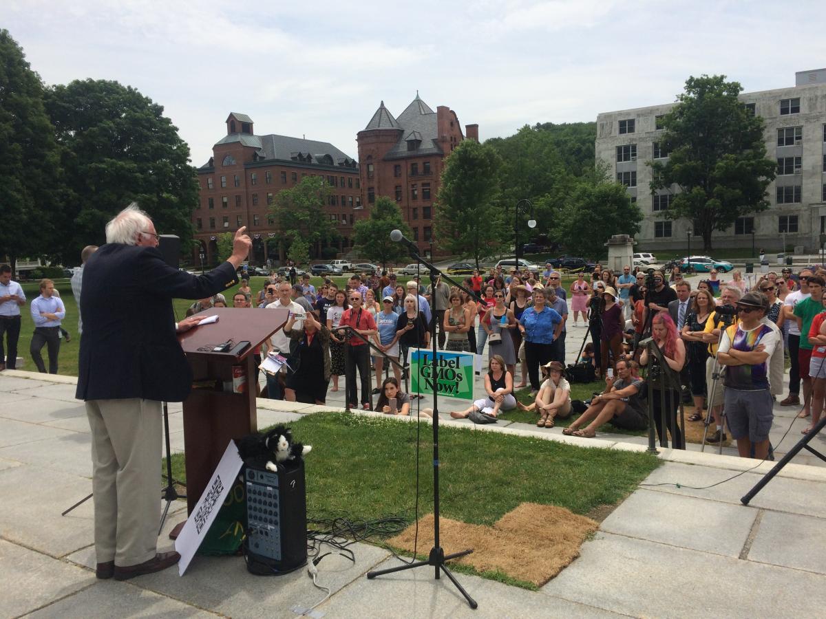 Sen. Sanders addresses people from all over Vermont gathered to celebrate the effective date of Act 120