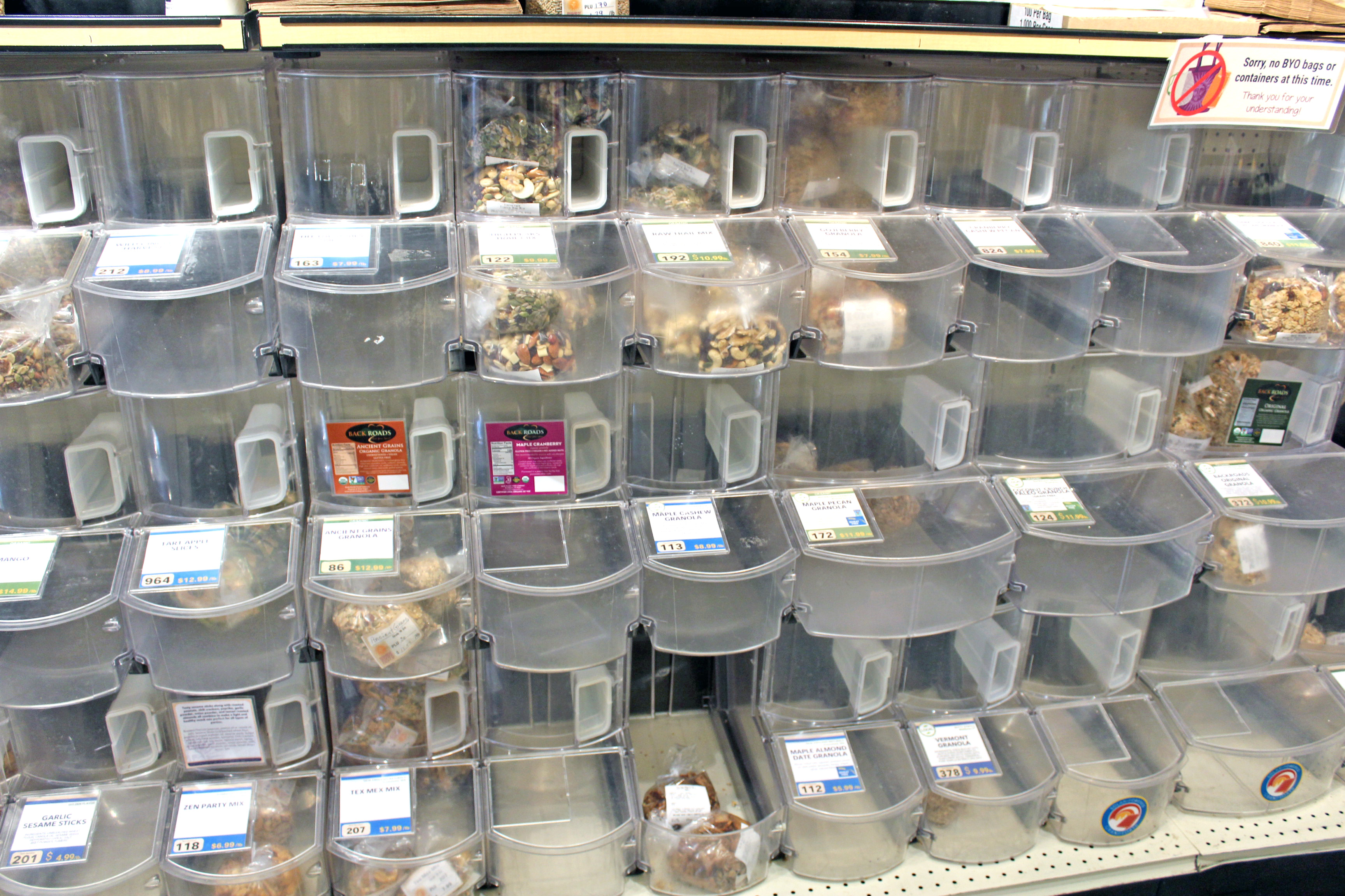 Empty bins at a Vermont food co-op during the peak of the pandemic-related supply chain shortages