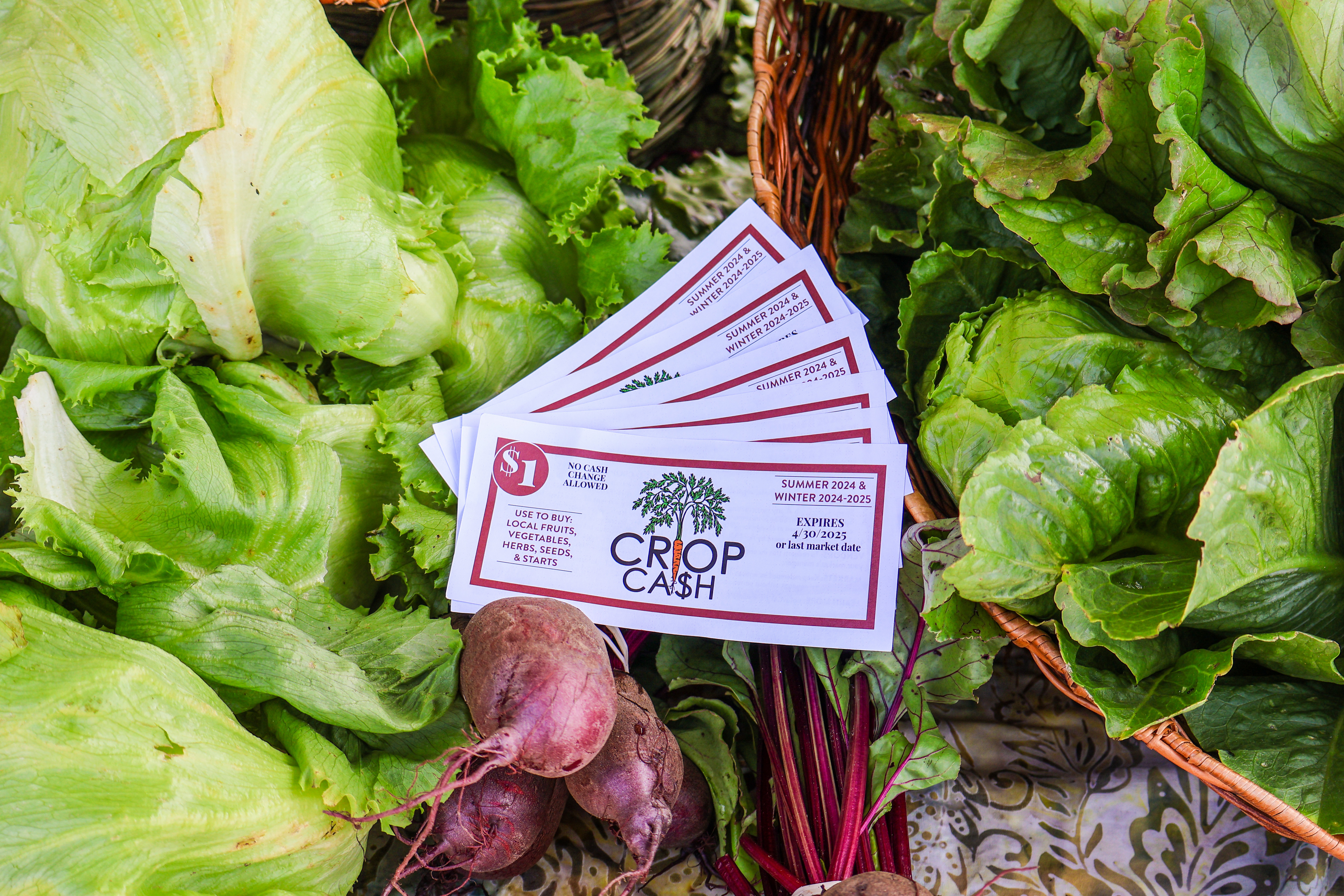 Six one-dollar Crop Cash Coupons are fanned out over a colorful display of lettuce and beets