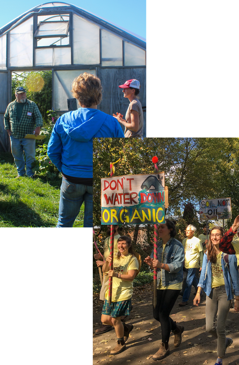 Collage of two photos: A farmer talks to two other adults outside a greenhouse and a group of five people walk down a dirt road holding signs that read "don't water down organic" and "soil not oil".