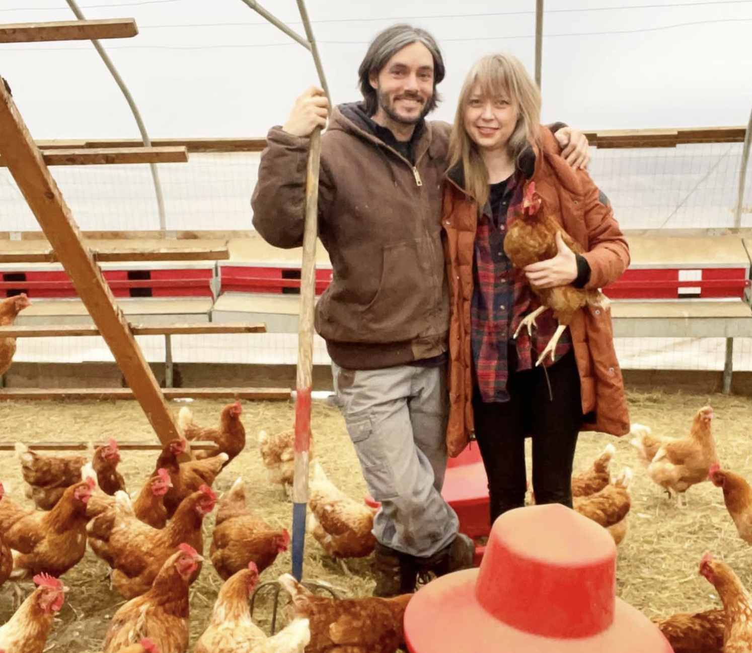 Two people stand amongst chickens