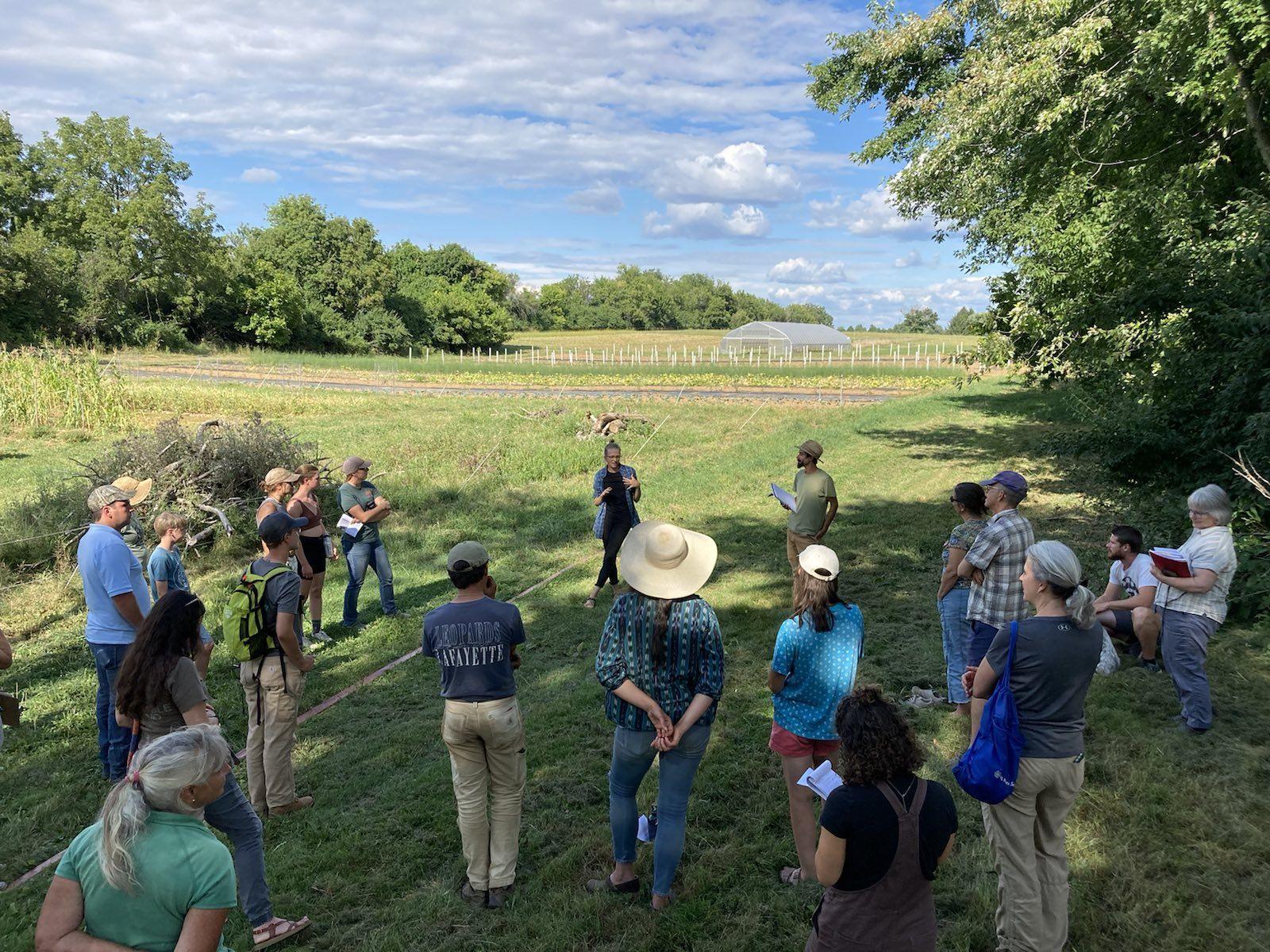 A group stands on a farm, talking.