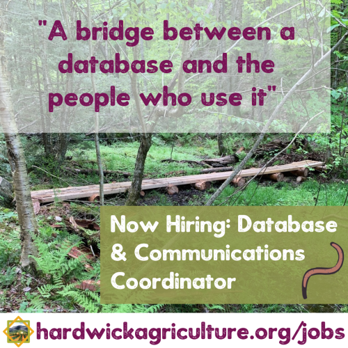 Text says A bridge between database and the people who use it, now hiring: database & communications coordinator with a photo of a foot bridge in the woods as a background