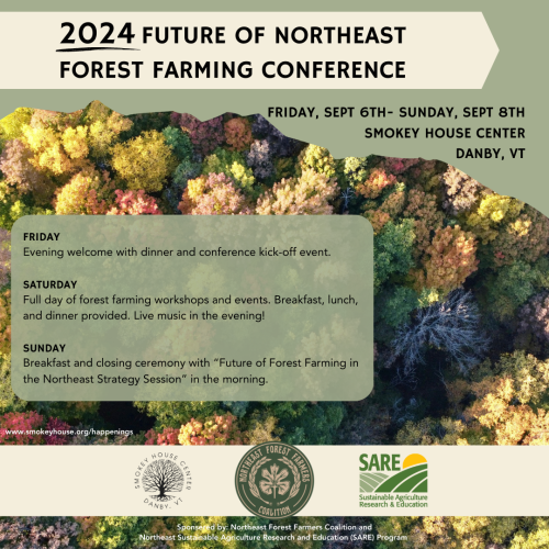 Future of Northeast Forest Farming Conference flyer featuring dates and times along with three logos and a drone images of maple trees.