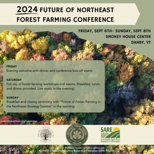 2024 Future of the Northeast Forest Farming Conference flyer featuring a drone shot of maple trees and event details