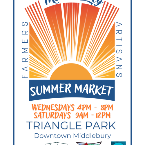 A Yellow and orange sun is framed by the words Middlebury Summer Market, Farmers and artisans. Below the sun reads Wednesdays 4pm to 8pm and Saturdays 9am to 12pm. 