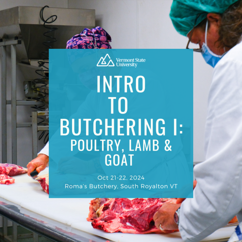 image of butchery training with text over it listing "Intro to Butchery I: Poultry, Lamb and Goat", October 21-22, 2024, at Roma's Butchery in South Royalton, VT.