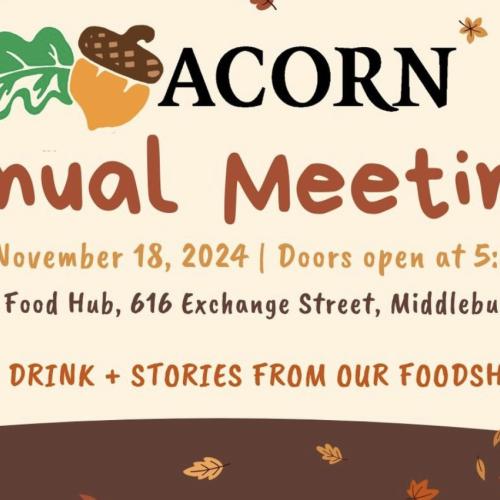 A graphic depicting the ACORN logo and other fall iconography, sharing the details of their upcoming Annual Meeting