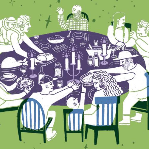 A graphic depicting a group of people enjoying a meal around a table