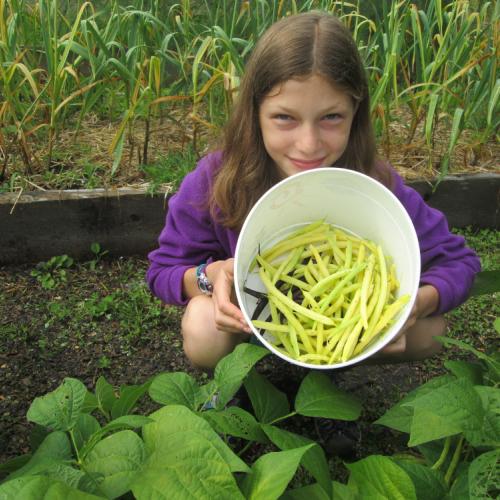 child holding a bucket of green beans