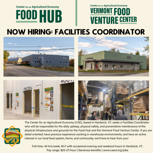 Multiple pictures of the facilities at the Center for an Agricultural Economy with the same text about the open position for facilities coordinator