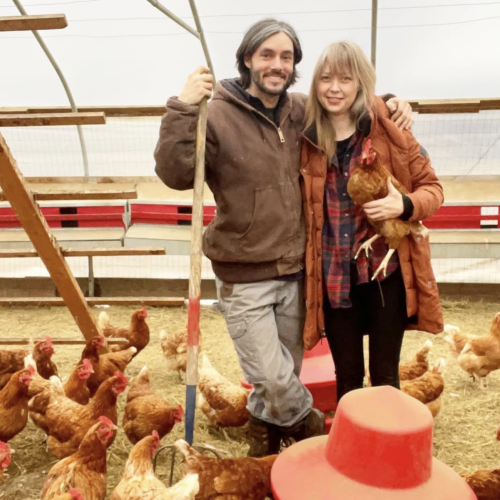 Two people stand amongst chickens