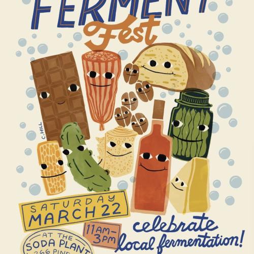 A graphic depicting a variety of fermented foods and the deatils of the March 22nd Ferment Fest