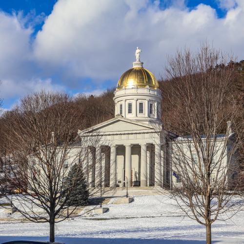 The Vermont State House on a snowy day