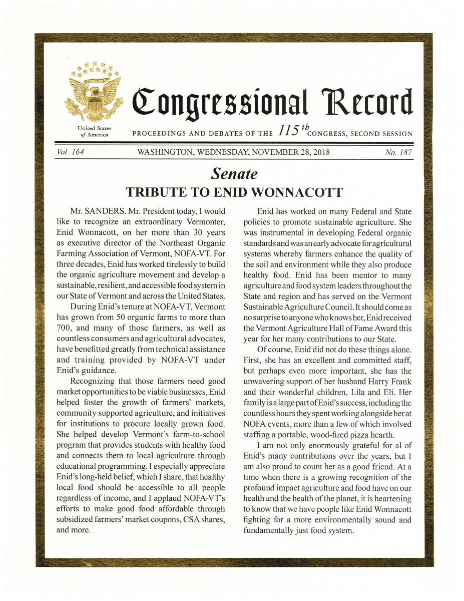 Congressional Record Statement about Enid Wonnacott